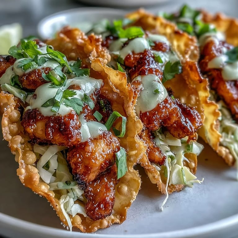 Close-up of a Crispy Chicken Wonton Taco filled with seasoned chicken, shredded red cabbage, and carrots on a plate.