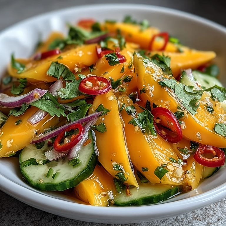 Colorful Mango Salad topped with fresh cilantro and optional chilies, ready to serve on a plate with lime wedges nearby.