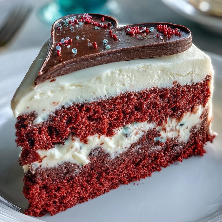 Detailed view of a red Betty Boop heart cake slice, revealing moist crumb and creamy frosting, paired with a cup of coffee.