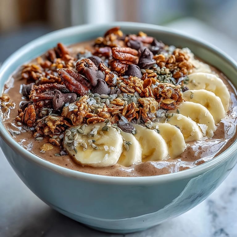 A vibrant breakfast bowl featuring Chunky Monkey Smoothie Bowls loaded with hemp seeds, cacao nibs, and fresh banana slices.  