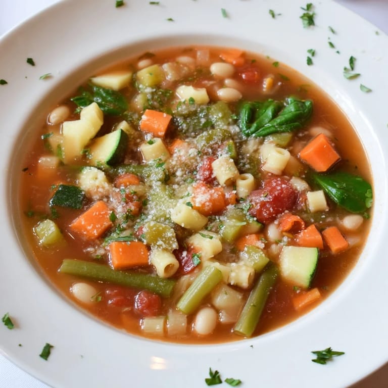 Close-up view of Minestrone Vegetable Soup featuring tender vegetables, beans, and pasta swimming in rich tomato broth.
