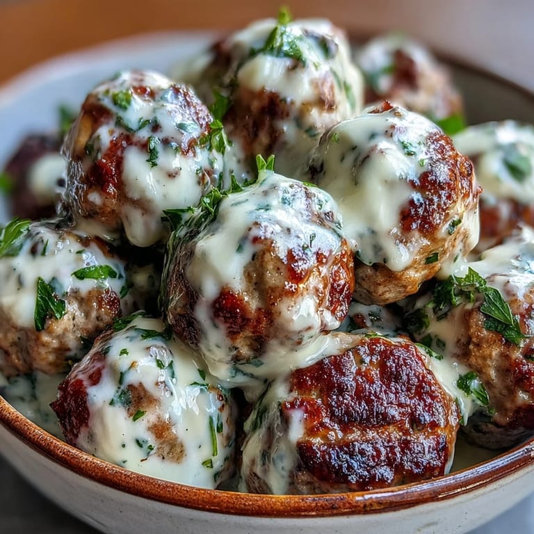 Close-up on juicy Creamy Garlic Ranch Turkey Meatballs simmering in a rich ranch cream sauce with minced garlic and herbs.