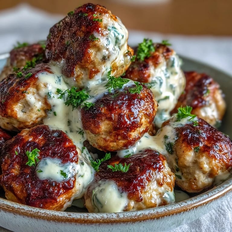 Plump, oven-baked Creamy Garlic Ranch Turkey Meatballs are coated in a velvety, cheesy sauce, perfect over fluffy mashed potatoes.