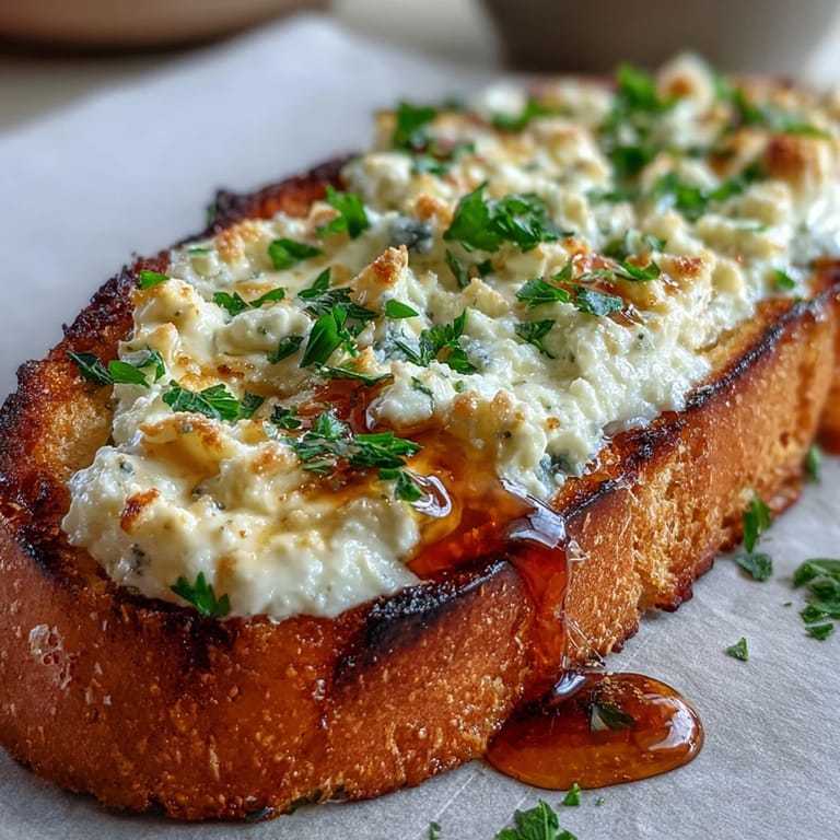 Warm Hot Honey Ricotta Garlic Bread fresh from the oven, showcasing a creamy ricotta spread and glossy hot honey glaze.