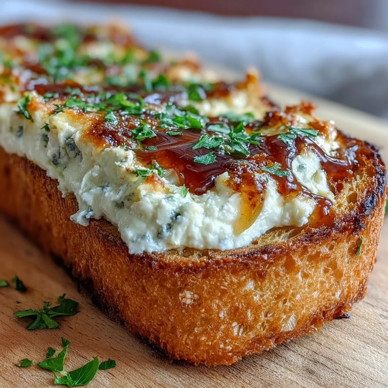 Slices of Hot Honey Ricotta Garlic Bread served on a wooden board, garnished with fresh parsley and vibrant red pepper flakes.