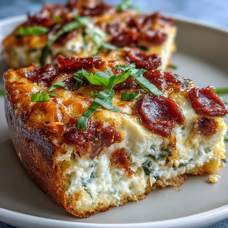 Sliced High-Protein Pizza Breakfast Casserole on a sheet pan, revealing layers of fluffy eggs, cheddar cheese, and colorful bell peppers and onions.