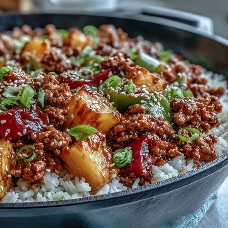 Sizzling sweet-and-sour turkey rice skillet stir-fry with scallions and sesame seeds, ready to serve.