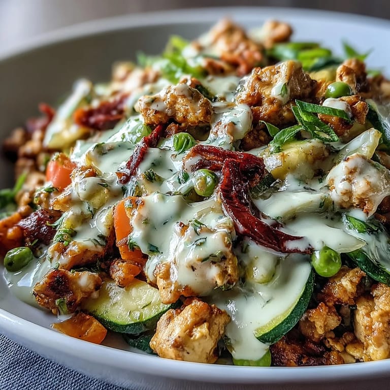Family-style Creamy Ranch Turkey & Veggie Skillet served over penne pasta, garnished with fresh chopped parsley on a rustic wooden table.