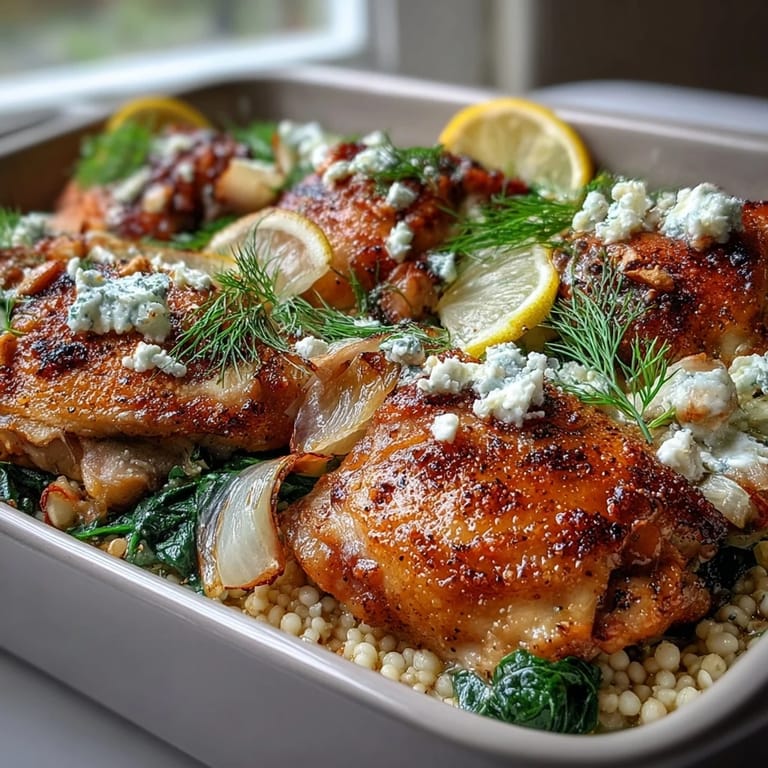 A close-up of the Creamy Greek Chicken & Pearl Couscous Bake shows crumbled feta and fresh dill garnish on a bubbling, creamy texture.