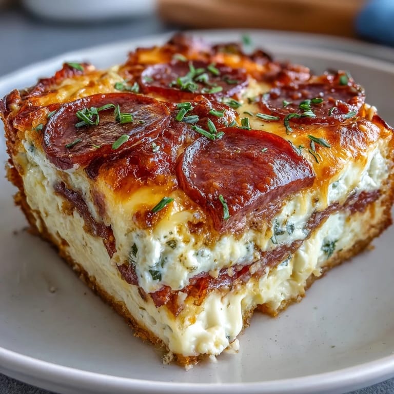Fresh parsley sprinkles the melty High-Protein Pizza Breakfast Casserole with turkey pepperoni and fluffy eggs.