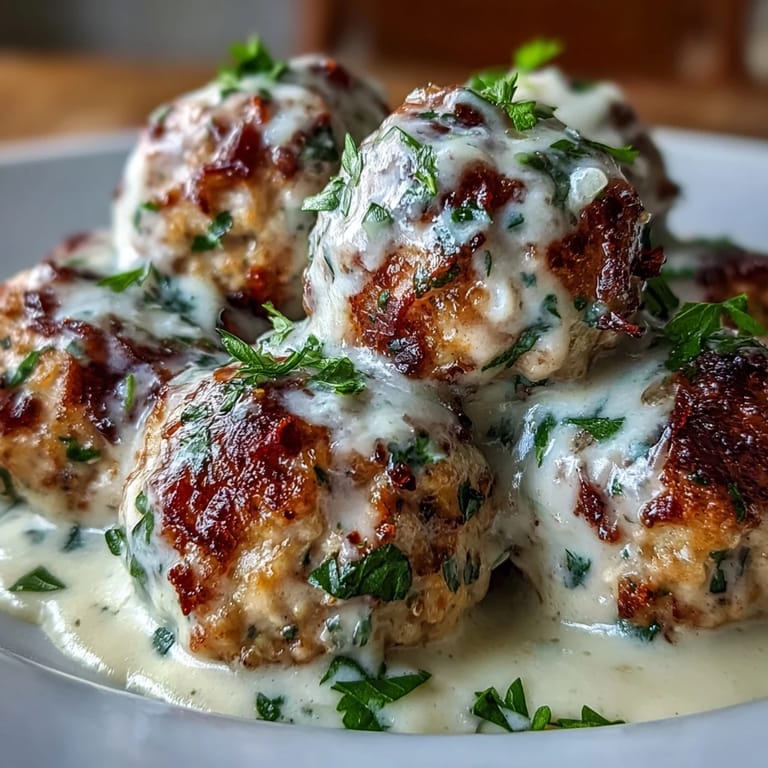 Savory Creamy Garlic Ranch Turkey Meatballs coated in a creamy sauce, garnished with chives and ready for dinner.
