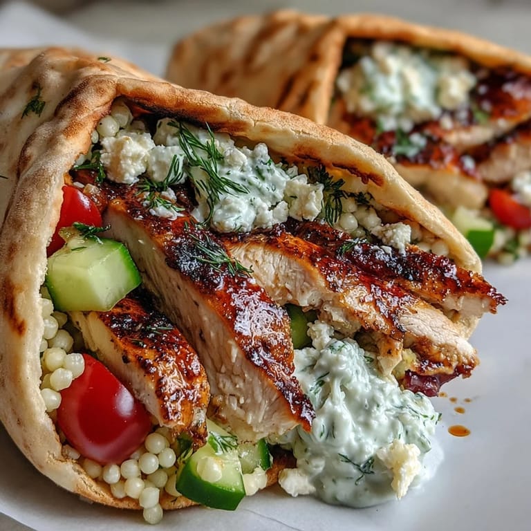 A handheld Greek Chicken Feta Stuffed Pita filled with warm pita, tangy feta, and vibrant Mediterranean vegetables.