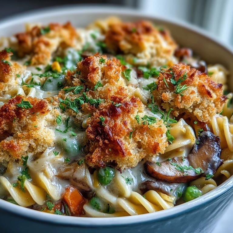 Steaming bowl of Creamy Veggie Pot Pie Pasta featuring peas, corn, and carrots in a rich, savory sauce.