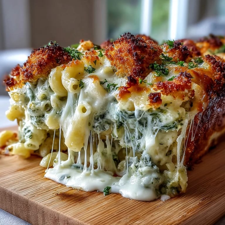 Golden-crusted Baked Pesto Chicken Mac & Cheese served in a white dish, steam rising, ready for a family weeknight dinner with salad.