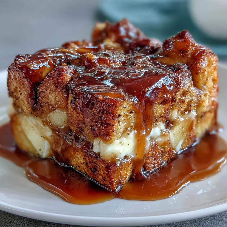 Freshly baked Caramel Apple Cheesecake Bread Pudding reveals layers of tender brioche, soft apple chunks, and swirls of rich cream cheese filling.