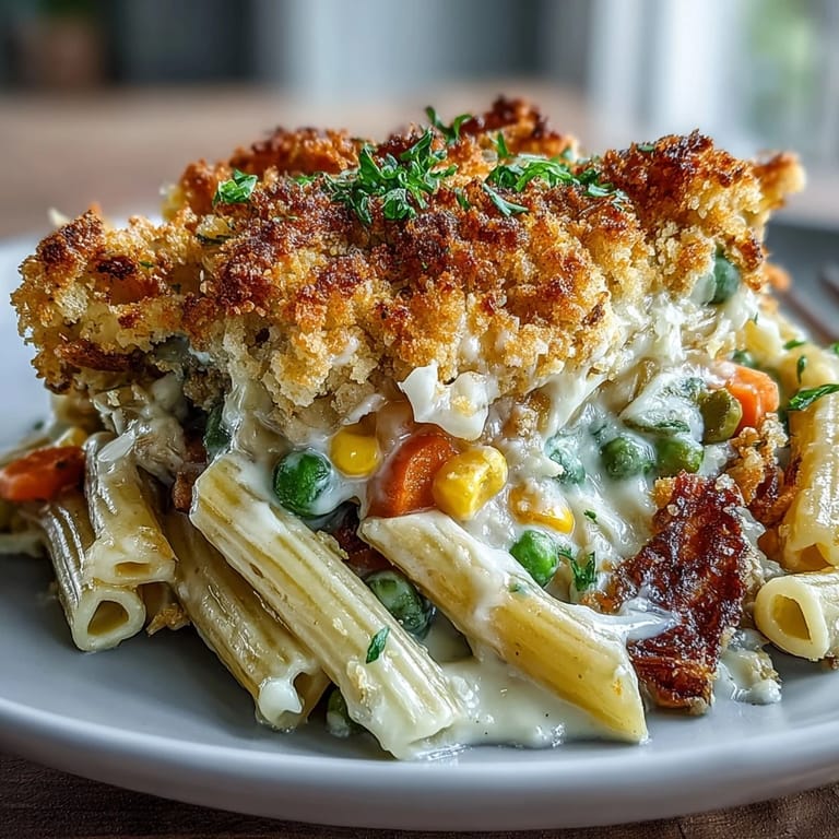 Hearty Creamy Veggie Pot Pie Pasta served in a bowl beside a fresh green salad for a comforting meal.