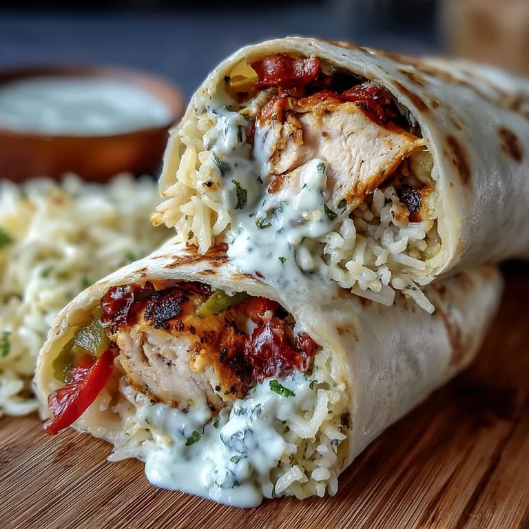 Sliced Chicken Bell Pepper Ranch Burritos reveal fluffy rice and colorful sautéed peppers inside.
