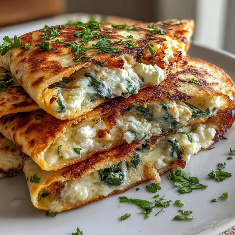 Crispy Mediterranean Quesadillas with Spinach and Feta topped with melted cheese and red onion, served beside a small bowl of creamy tzatziki.