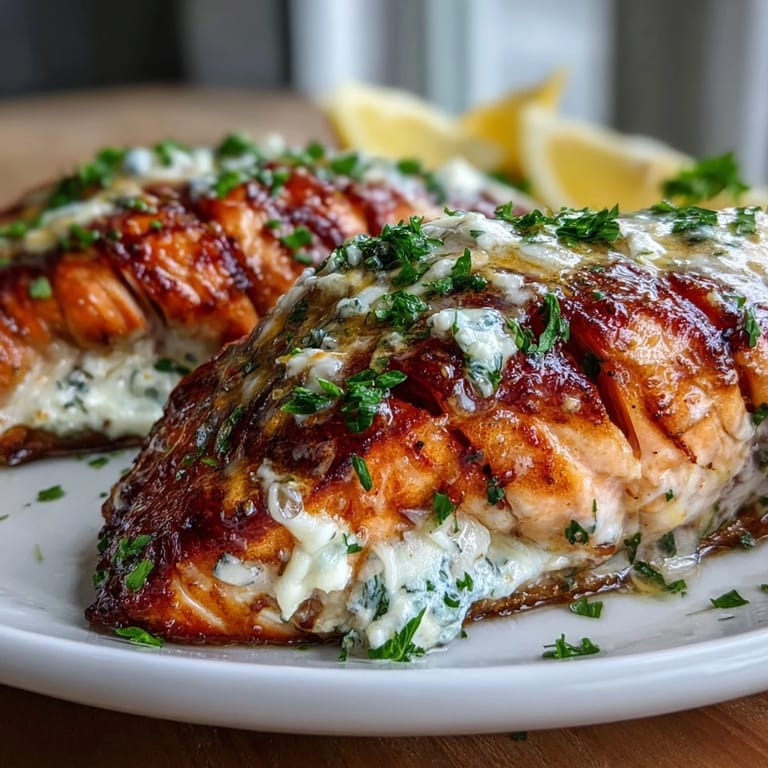 Golden Creamy Baked Salmon with Lemon Butter Sauce served on a plate with roasted asparagus for a weeknight meal.