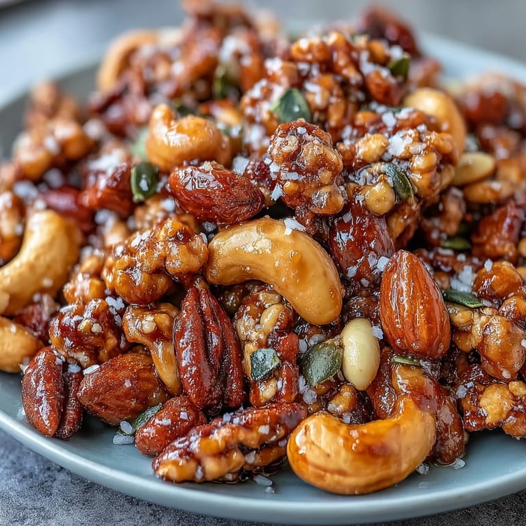 A close-up of Salted Honey & Peanut Snack Mix showing pumpkin seeds, cashews, and a sprinkle of flaky sea salt.