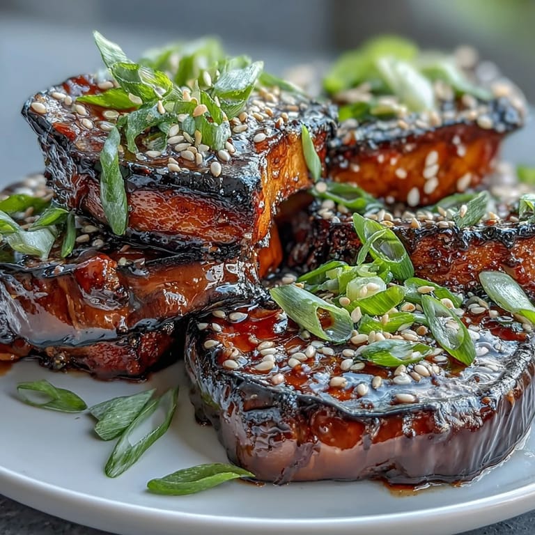 Freshly roasted Miso-Glazed Eggplant Steaks served over white rice with green onions and cilantro.