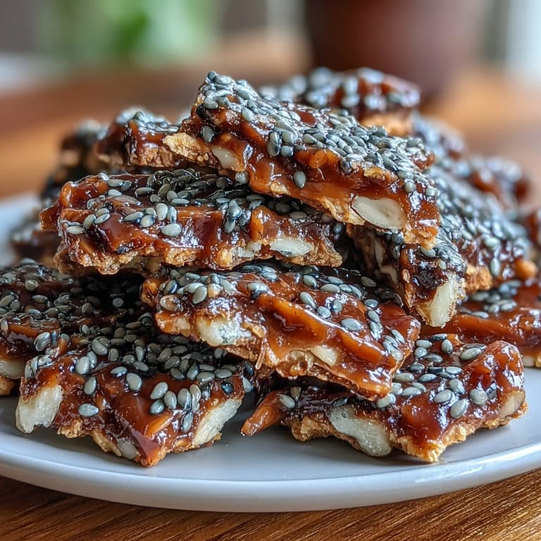 Homemade Black Sesame Brittle with dark seeds in golden caramel, ready to be enjoyed.