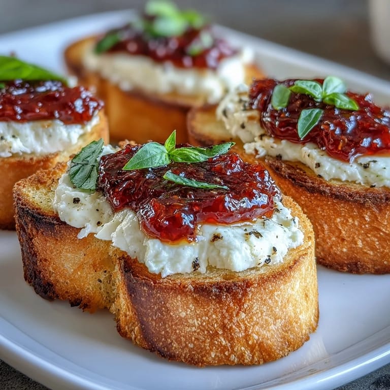 Freshly toasted goat cheese & chili jam bruschetta garnished with basil and cracked black pepper.