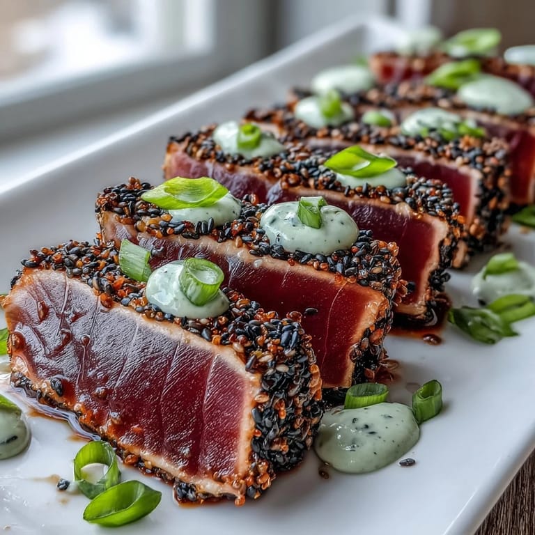 Rare-center Black Sesame Seed Crusted Tuna served with Wasabi Mayo, pickled ginger, and a drizzle of sauce for dinner.