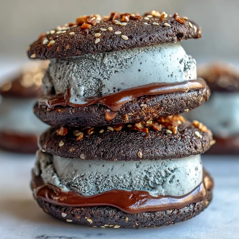 Black sesame ice cream sandwich with crumbled cookies and drizzle on rustic board.