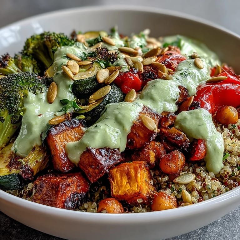 Tossed with crispy chickpeas, pumpkin seeds, and shredded red cabbage, this nourishing bowl is drizzled with creamy green dressing.