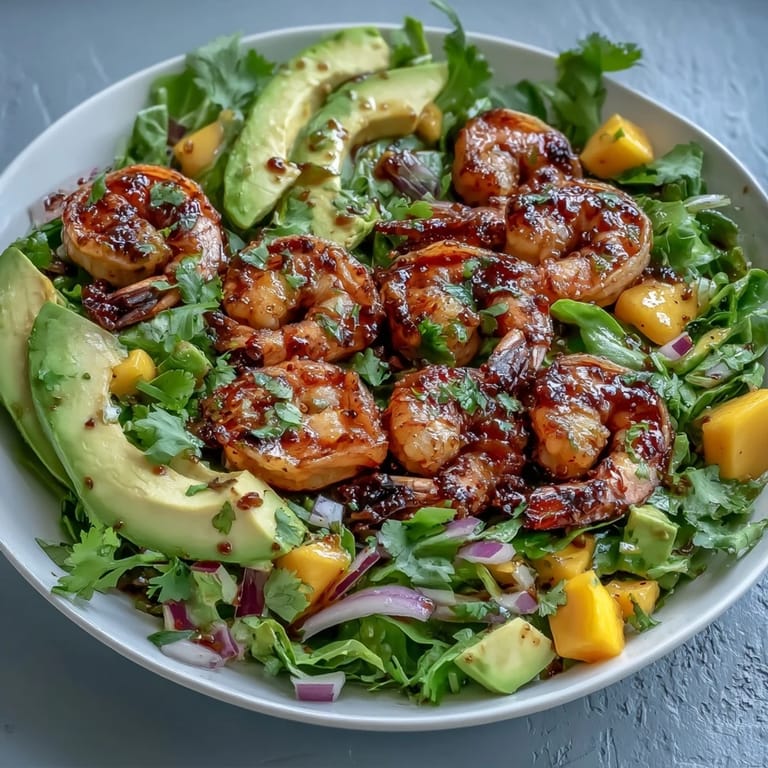 Colorful plate of Grilled Shrimp and Mango Avocado Salad with cilantro garnish and zesty chili-lime vinaigrette, perfect for summer.