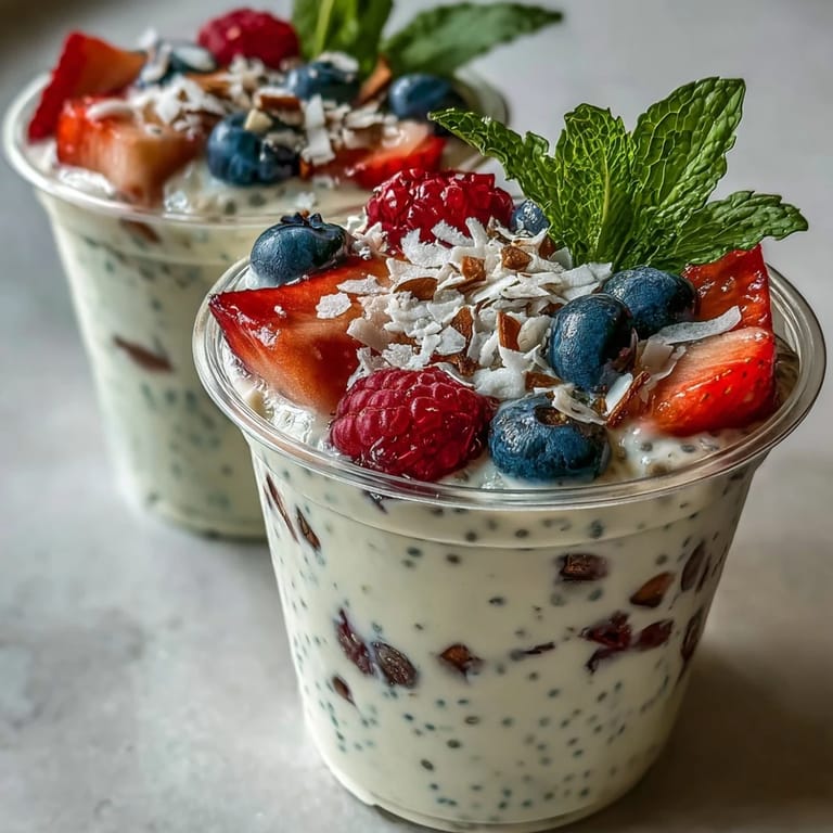 Layered Summer Berry Chia Pudding Meal Prep Cups topped with fresh mint and ripe berries, ready for a refreshing chilled snack.