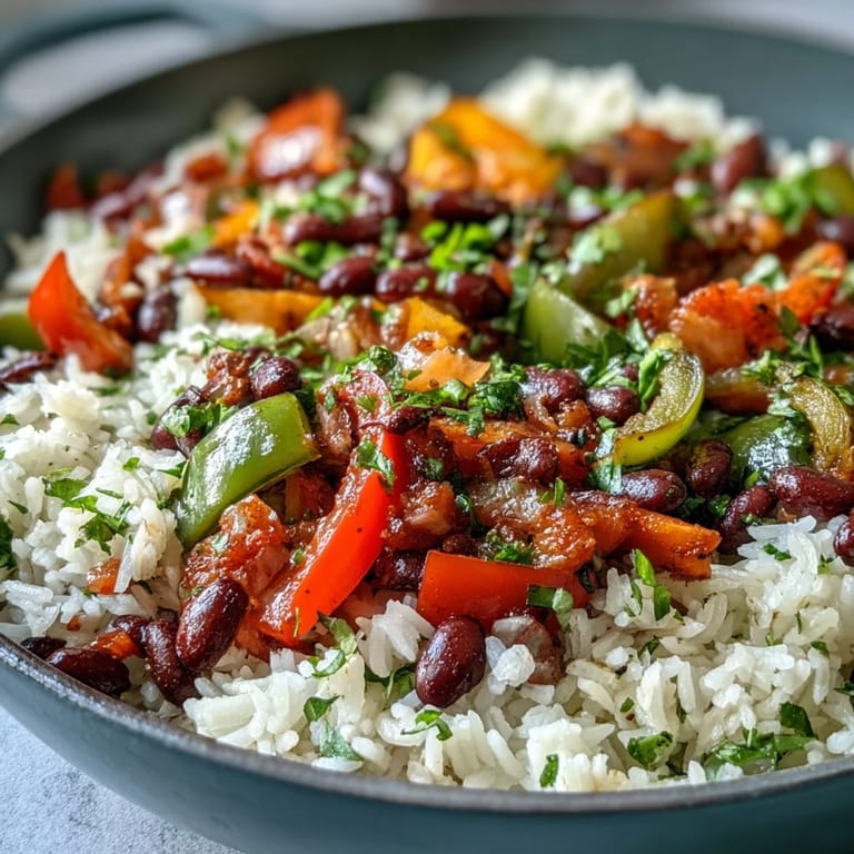 Sizzling One-Pan Vegan Fajita Rice Skillet with colorful peppers and avocado slices, served with lime wedges.