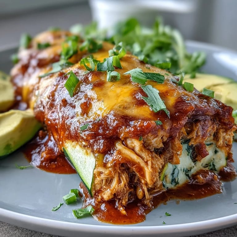 Freshly baked Keto Chicken Enchilada Zucchini Boats served hot with sour cream and sliced jalapeños.