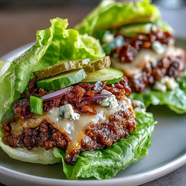 Keto cheeseburger lettuce wraps are plated with red onion and tomato, ideal for a low-carb dinner that tastes indulgent.