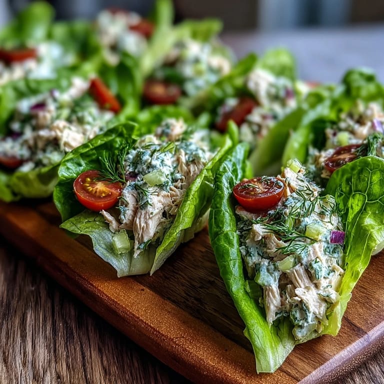 Juicy shredded chicken and creamy avocado mix with herbs in crisp butter lettuce cups for fresh avocado herb chicken salad lettuce cups.