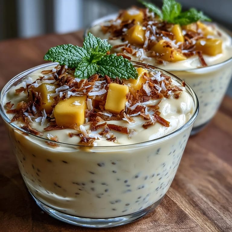 Plant-based mango sago chia pudding cups garnished with fresh mint and diced mango, perfect for an easy chilled dessert.