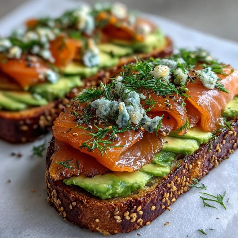 Creamy avocado mash and silky smoked salmon top toasted keto bread, garnished with everything seasoning and fresh dill sprigs.