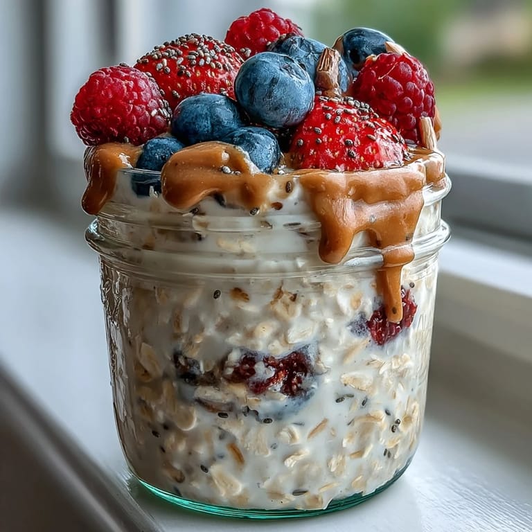 Ready-to-eat Clean Eating Berry Overnight Oats with Almond Butter Swirl served in a mason jar, garnished with fresh fruit for an easy morning meal.
