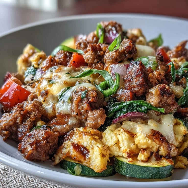 Steam rises from a hearty Keto Sausage and Veggie Breakfast Scramble, garnished with herbs, ready for a satisfying American breakfast.