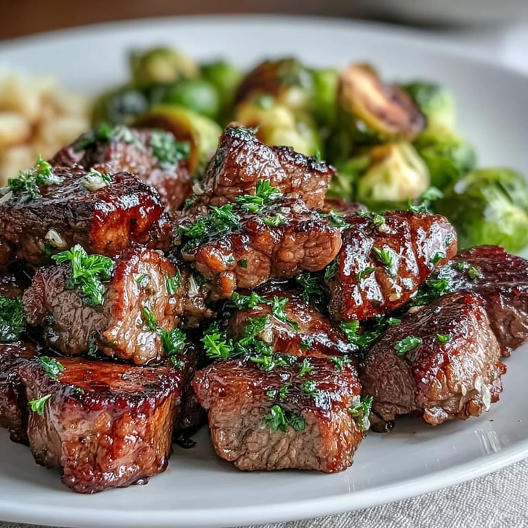 Juicy steak cubes and golden roasted Brussels sprouts served as a hearty, gluten-free Keto Lemon Garlic Butter Steak Bites meal.