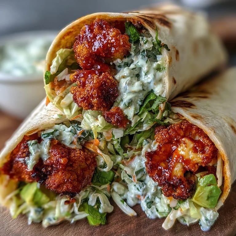 Fresh avocado slices and cilantro garnish these vibrant Vegan Buffalo Cauliflower Wraps, served as a satisfying plant-based lunch.