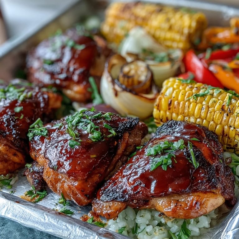 Juicy, saucy Sheet Pan BBQ Chicken thighs alongside caramelized red onion wedges and bright peppers on a single pan.