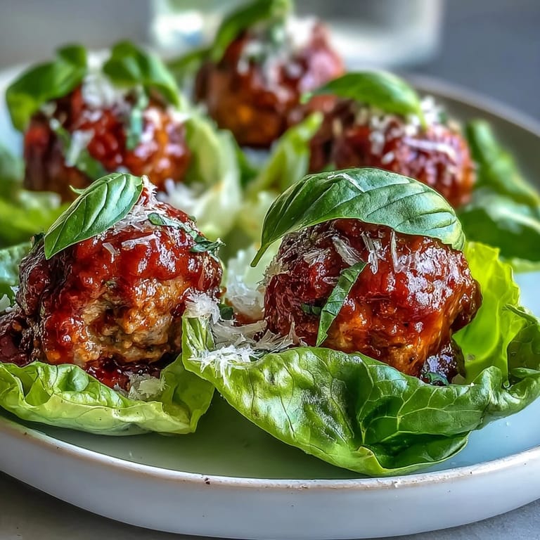 Plump turkey meatballs with Parmesan rest in green lettuce leaves, topped with vibrant red marinara.