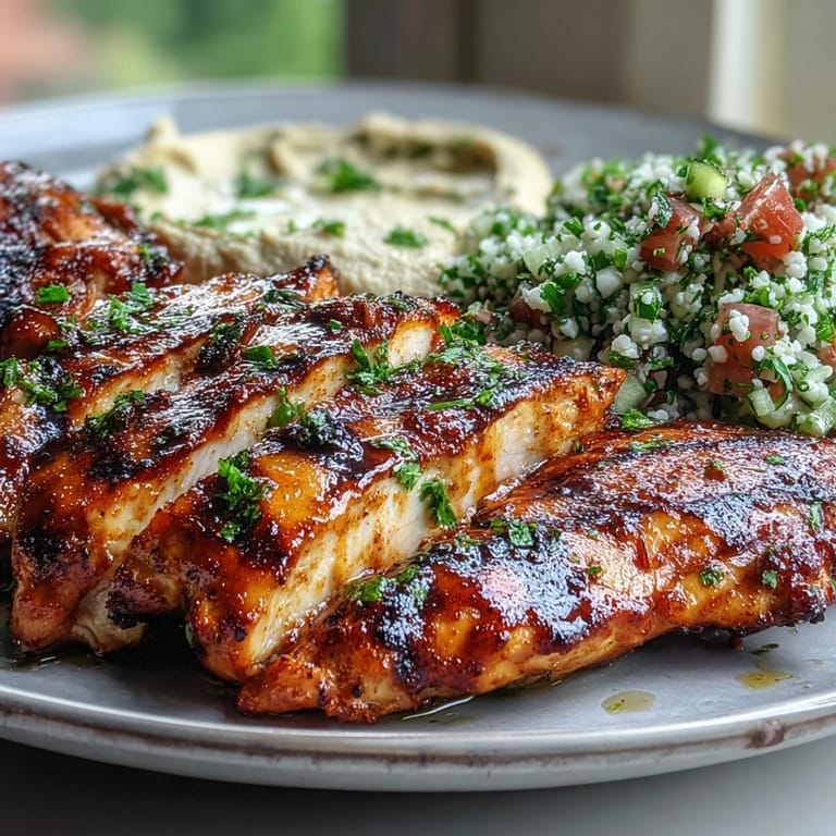 Savory Mediterranean grilled chicken is plated next to a bowl of smooth hummus and a refreshing, lemony tabbouleh salad.