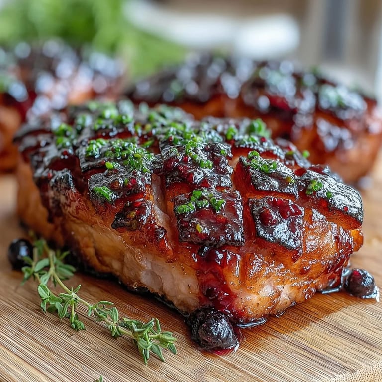 Juicy Black Currant Jam Glazed Ham garnished with fresh thyme, showcasing a dark, glossy surface on a wooden serving board.