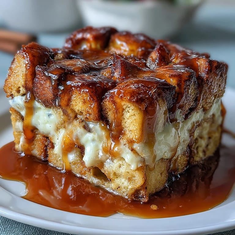 Golden-baked caramel apple cheesecake bread pudding with custard-soaked bread, cinnamon-spiced apples, and a buttery caramel drizzle.