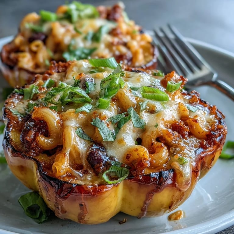 2. A hearty vegetarian dish of acorn squash filled with cheesy chili mac, topped with fresh cilantro and green onions.  