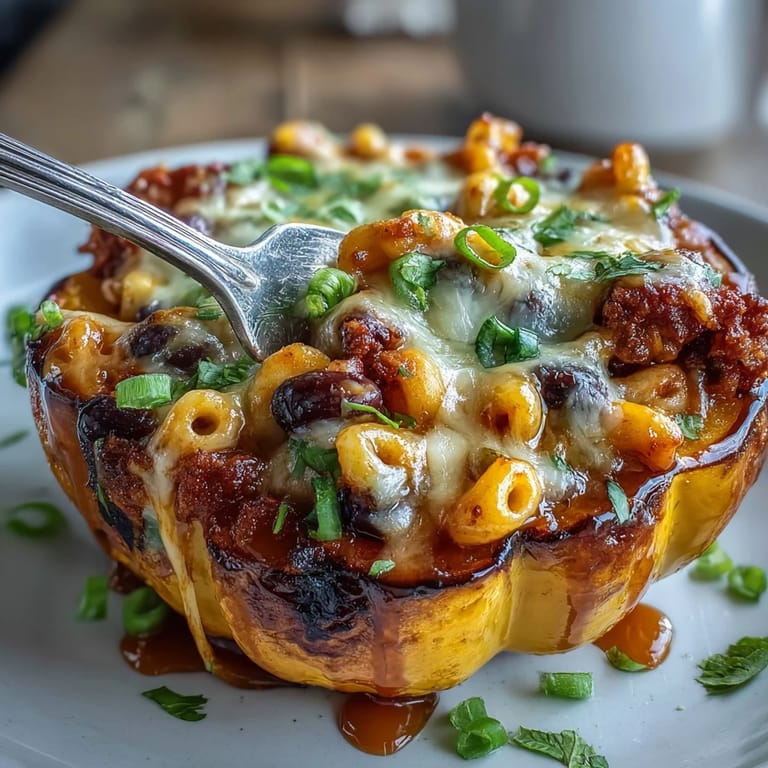 3. Baked acorn squash halves overflowing with flavorful chili mac, finished with a spicy-sweet hot honey drizzle.
