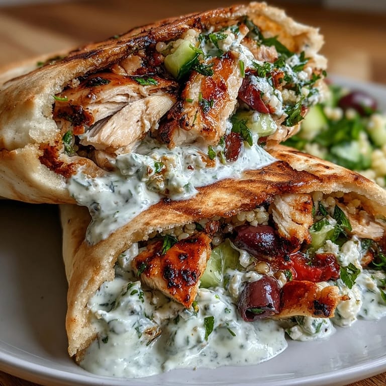 Flavorful Greek chicken, pearl couscous salad, and creamy tzatziki tucked into warm pita bread for a bright, satisfying Mediterranean dinner.